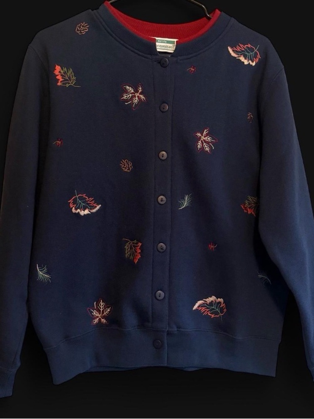 Vintage 90s Shenanigans Embroidered Fall Leaves Cardigan Navy Blue Medium Autumn